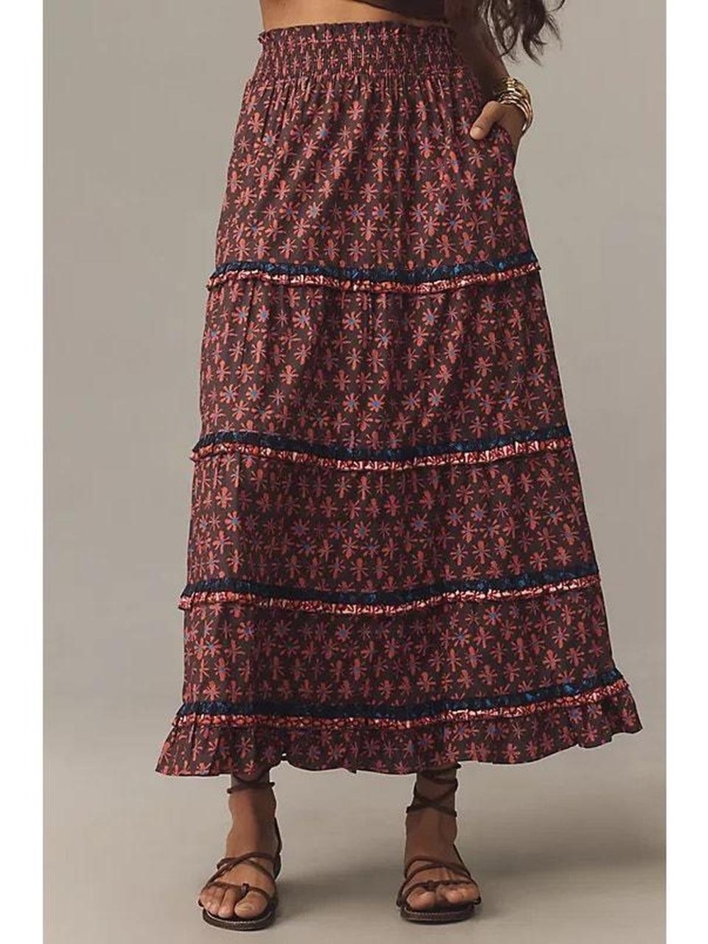 Anthropologie Rust Floral Tiered Maxi Skirt
